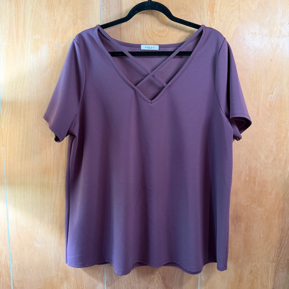 Gilli Womens Plum Purple Criss Cross V-Neck Short Sleeve Blouse Made in USA 2XL